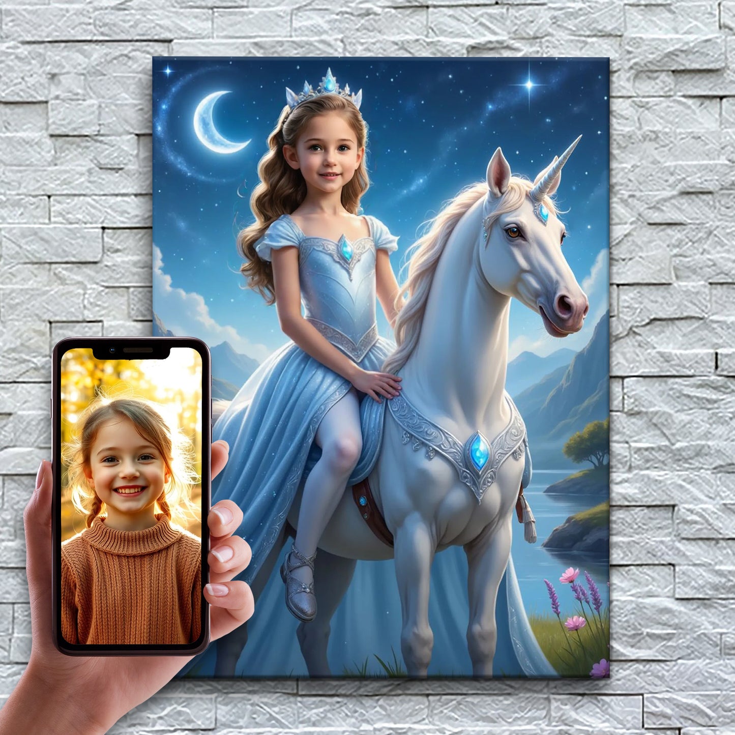 La princesse sur sa licorne devant un ciel étoilé