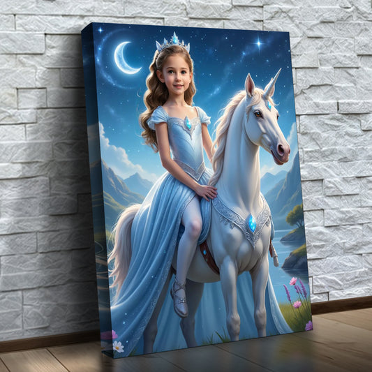 La princesse sur sa licorne devant un ciel étoilé