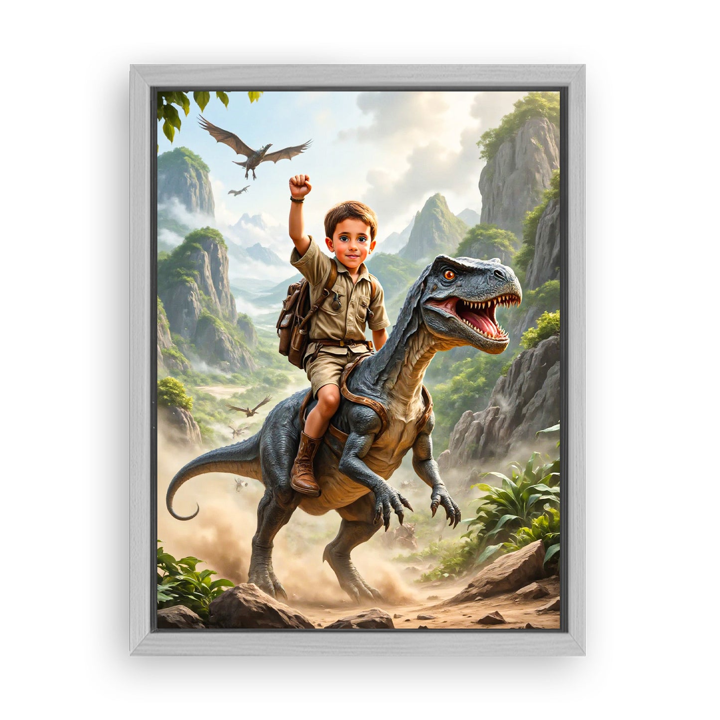 Save 33% When You Add A Frame To Your 12x16 'The Dino Tamer' Canvas Now